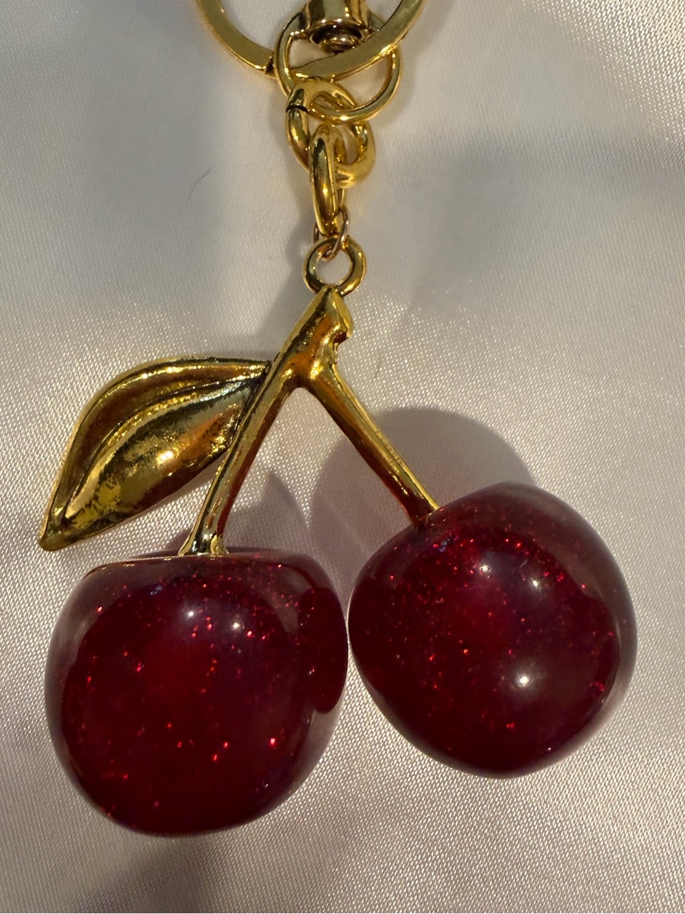 Cherry Bag Charm Keychain Red Glitter Gold Tone - Picture 3 of 4